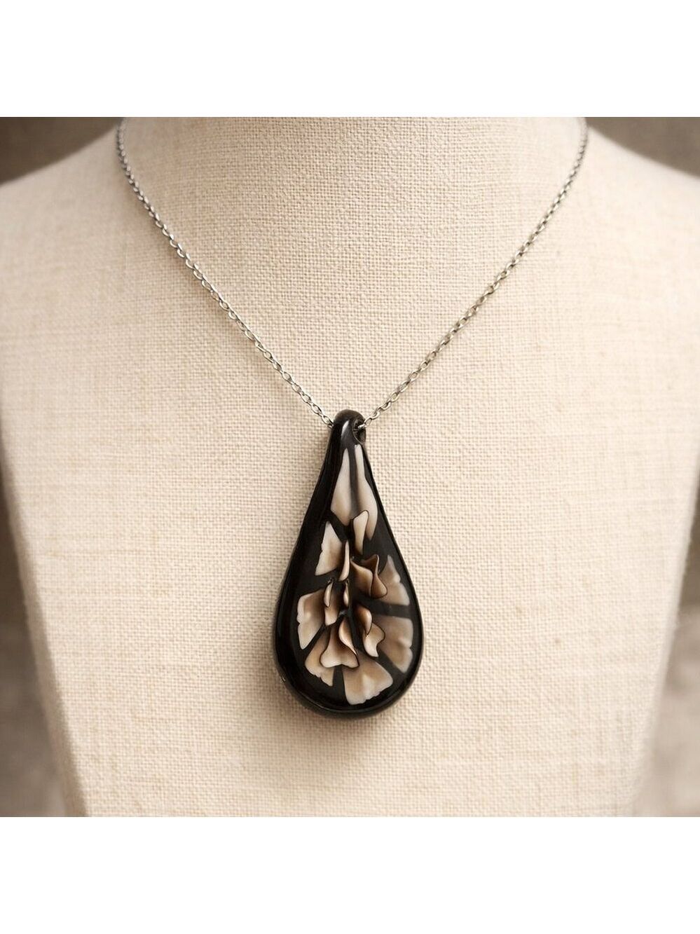 Handmade | Lampwork Art Glass Pendant – Black & Ivory Floral Design|  J2-0211i